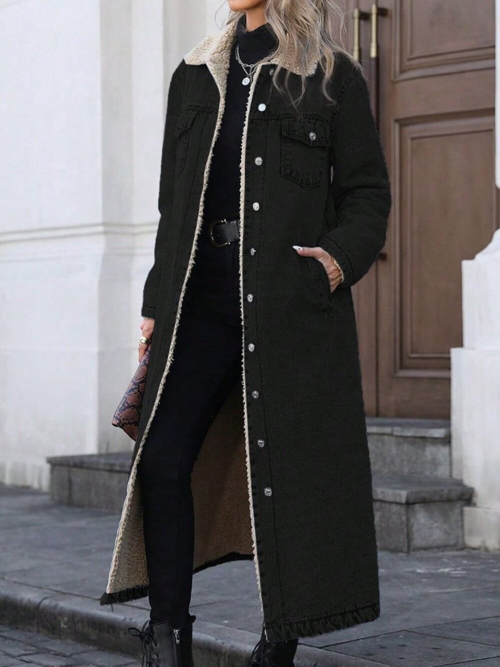 Black Casual Women's Thermal-Lined Long Denim Jacket